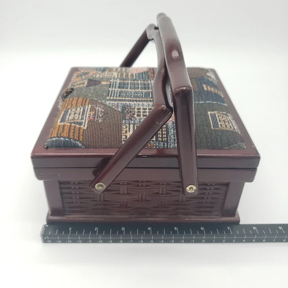 Vintage Wooden Sewing Basket Tapestry Lid Village Scene Jewelry Box Organizer